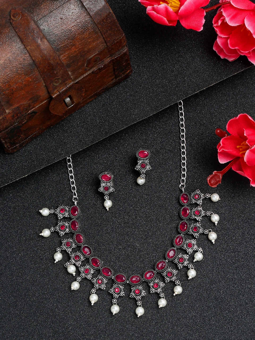 YouBella Jewellery Oxidised Silver Necklace Jewellery Set with Earrings for Girls and Women (Red) (YBNK_50523)